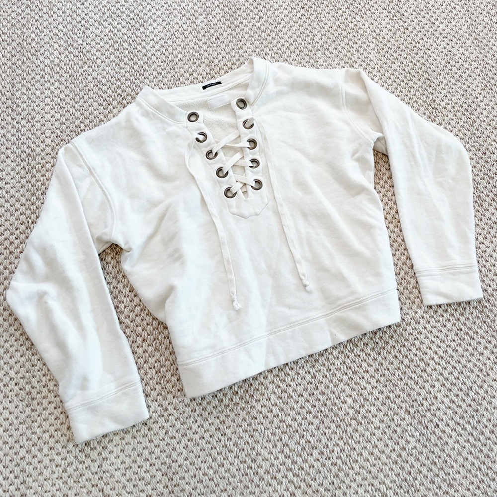MOTHER Cream Lace-Up V-Neck Sweater